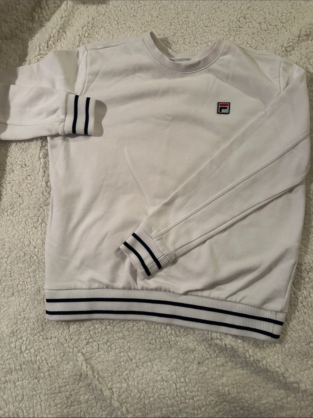 Fila Men's White Crewneck Sweater with Navy Trim and Logo